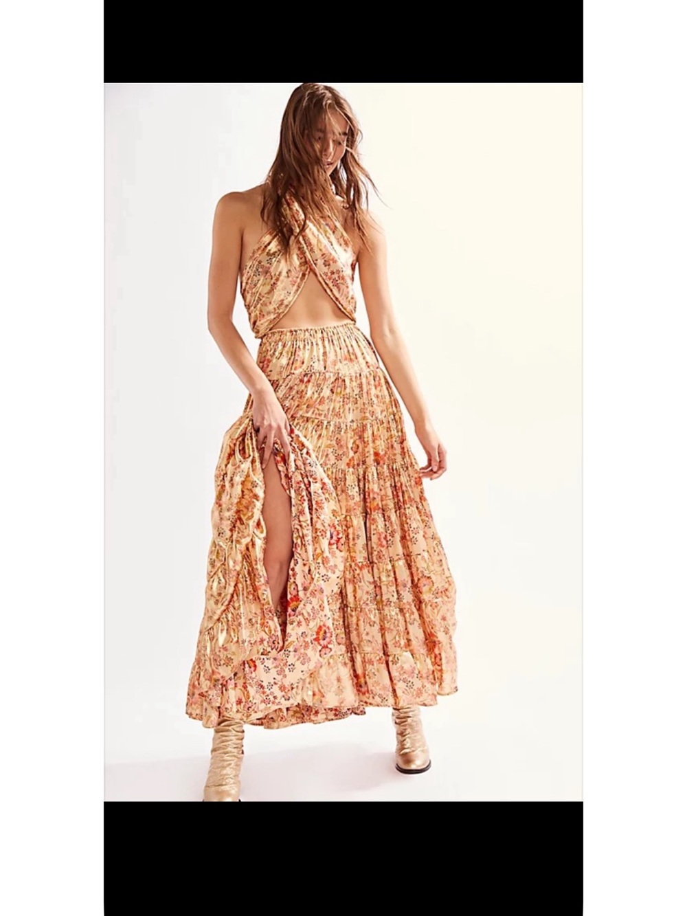 Free People Peach Floral Halter Cutout Maxi Dress gown